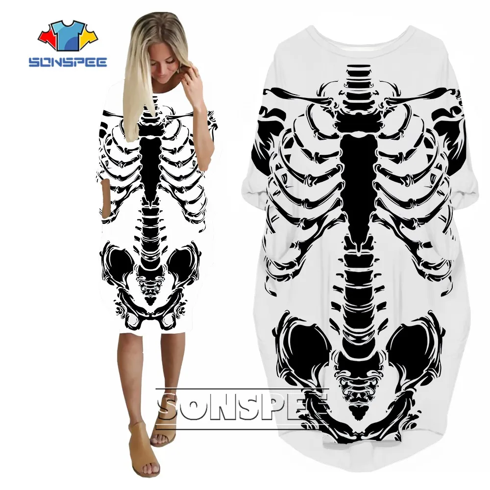 SONSPEE 2022 New Cool Body Skeleton Women's Dress Amazing Designs Custom Long Sleeve Pocket Skirt Harajuku Casual Loose Skirts