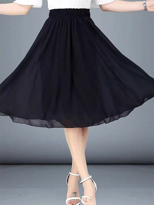High Waist Double Layered Chiffon Half Skirt Women's Black Midi A-Line Beach Fairy Skirt Slimming Polyester Fiber Skirt