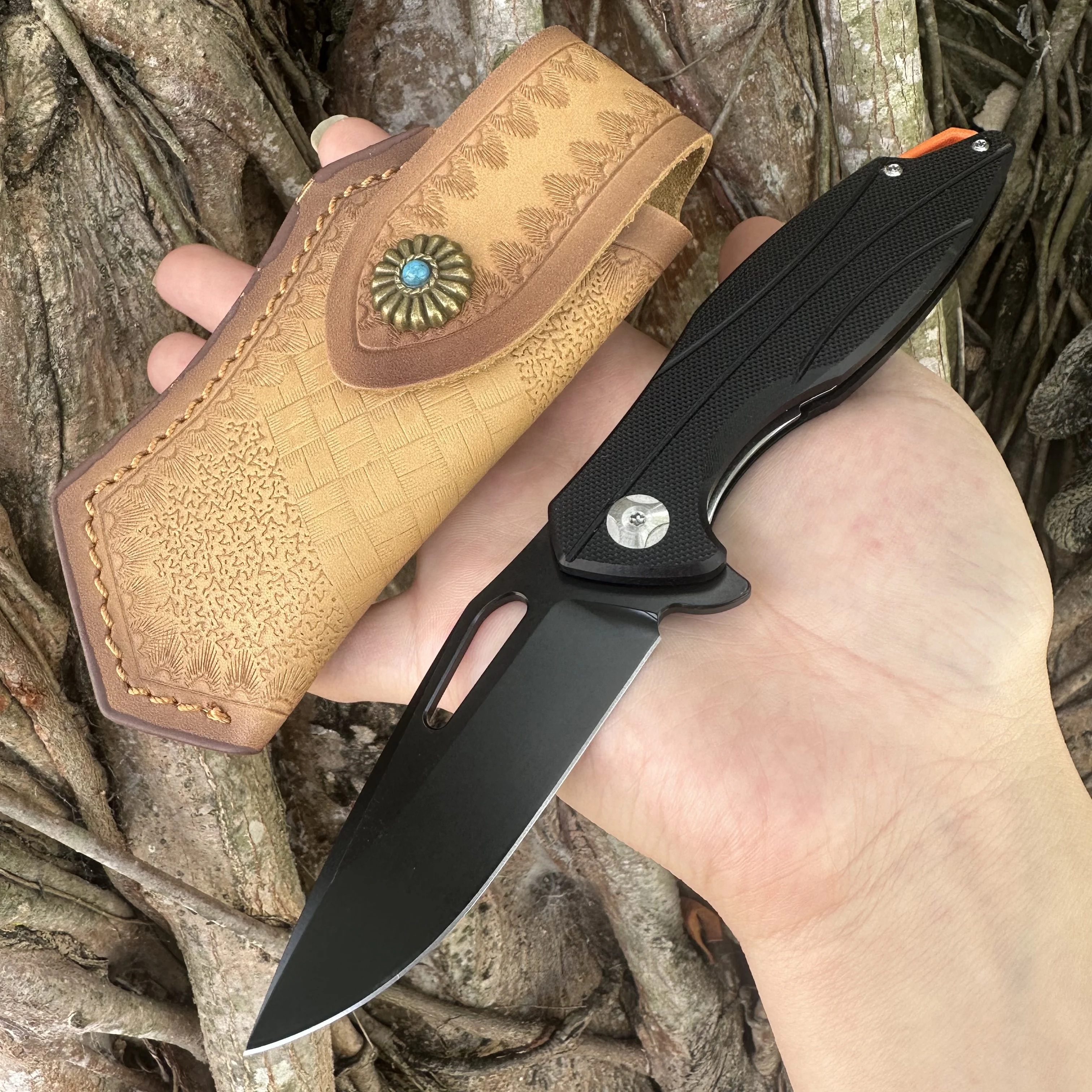 

Topwell Handmade Folding Pocket Knife Ball Bearing Quick Smooth Opening S30V Steel G10 Handle Kraft First layer Leather Sheath