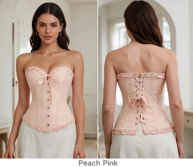 Damen Vintage Jacquard Korsett-Top, trägerlos, mit Rüschen vorne, Busk-Rücken, Schnürung, 20 Farben, für Feiertage, Partys und Abendgarderobe – Detail 15