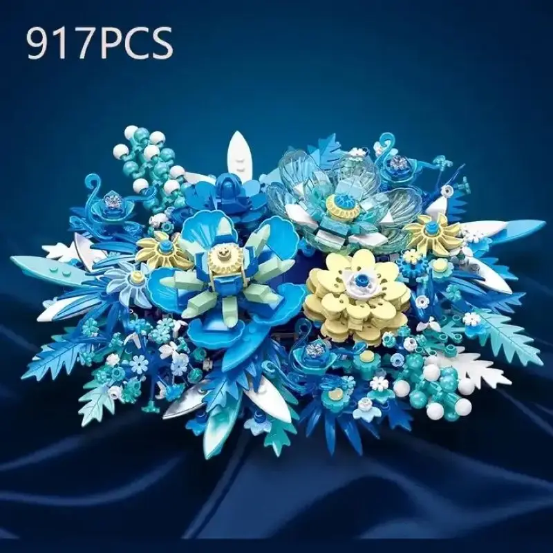 917PCS Creative Flower Bouquet Building Blocks Fantasy Blue Flowers Model Assemble Toys Bricks For Kids Adult Gifts