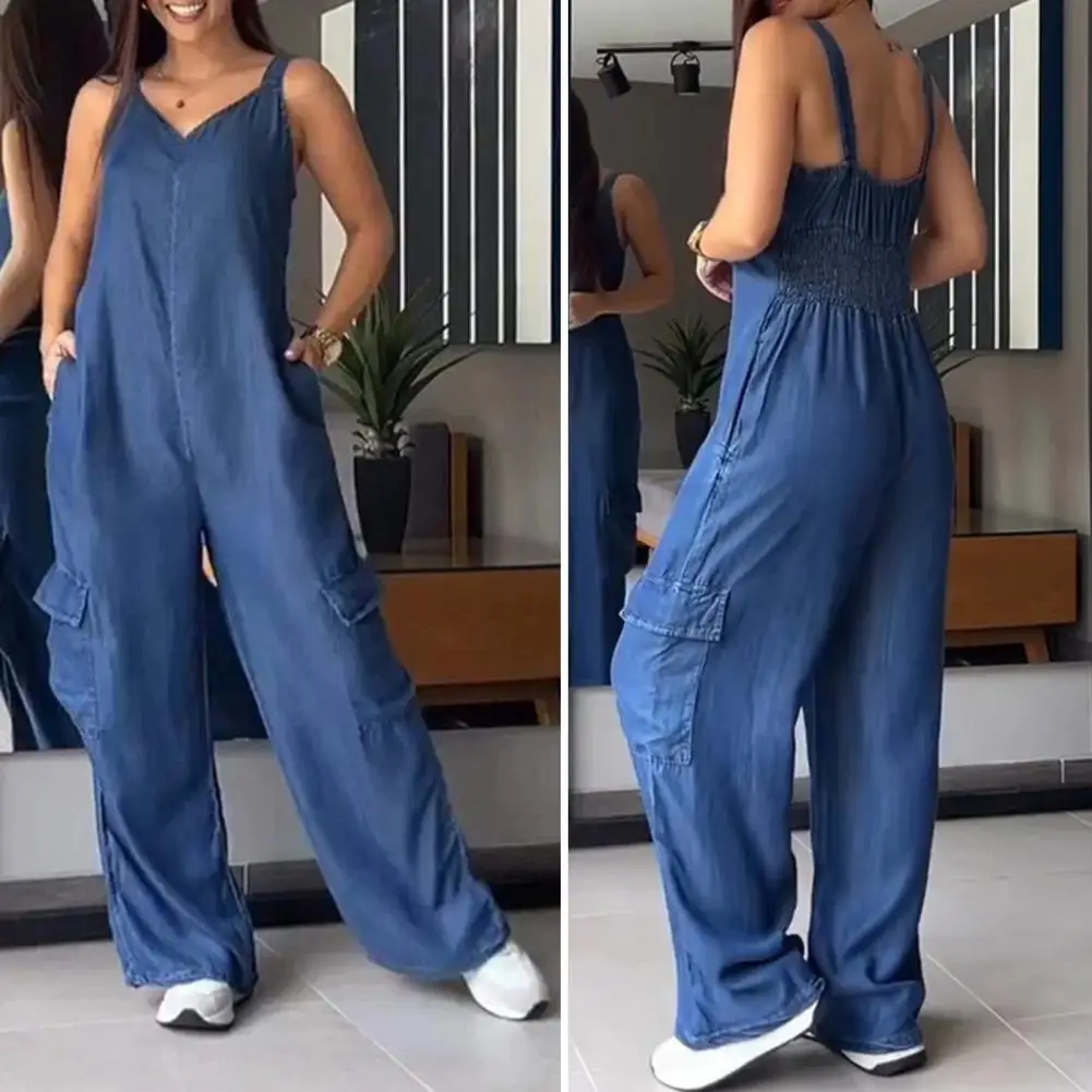 Women Jumpsuit Sleeveless Imitation Denim Jumpsuit Loose Wide Leg Casual Deep Crotch Soft Casual Summer Long Jumpsuit