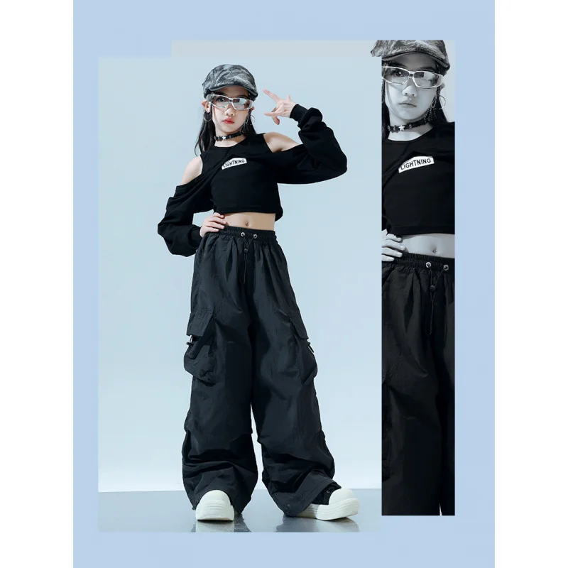 Kinder Jazz Dance Kostüm Set Hip Hop Schwarz Enge Crop Top Mädchen Bühne Laufsteg Mode Langarm Camouflage Hosen Kostüm