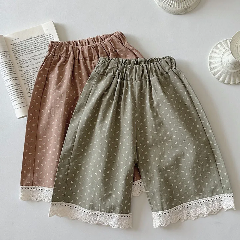 2025 New Spring Korean Style 0-3Yrs Newborn Baby Girls Pants Cotton Printed Lace Splicing Toddler Baby Girl Trousers