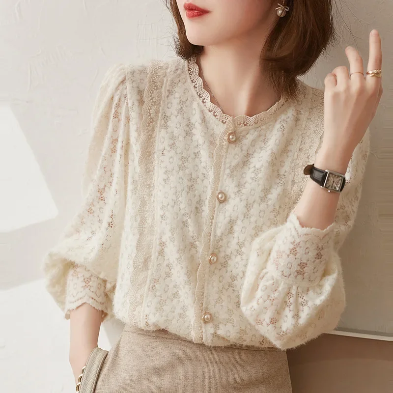 Autumn Winter French Lace Hollow Out Hook Flower Sweet Fairycore Lantern Sleeve Petal Neck Button Pearls Blouse Tops Loose Women