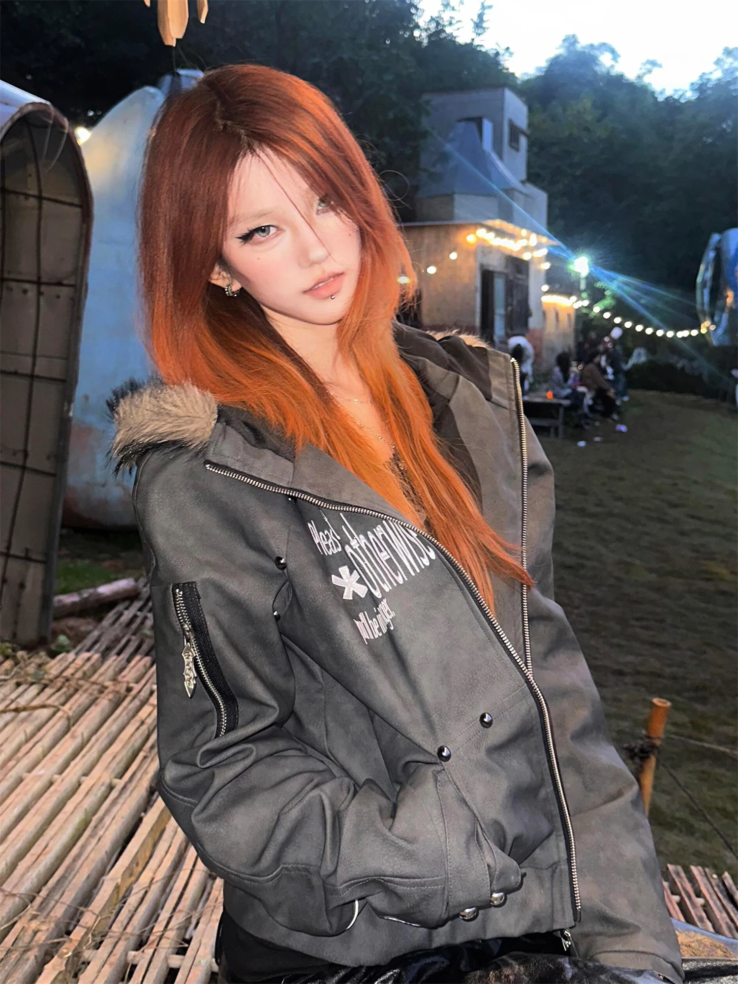 

Women's Gray Zip-up Hoodie with Faux Fur Hood Letter Print Stud Detail Edgy Streetwear Casual Fashion Sweatshirt 2025