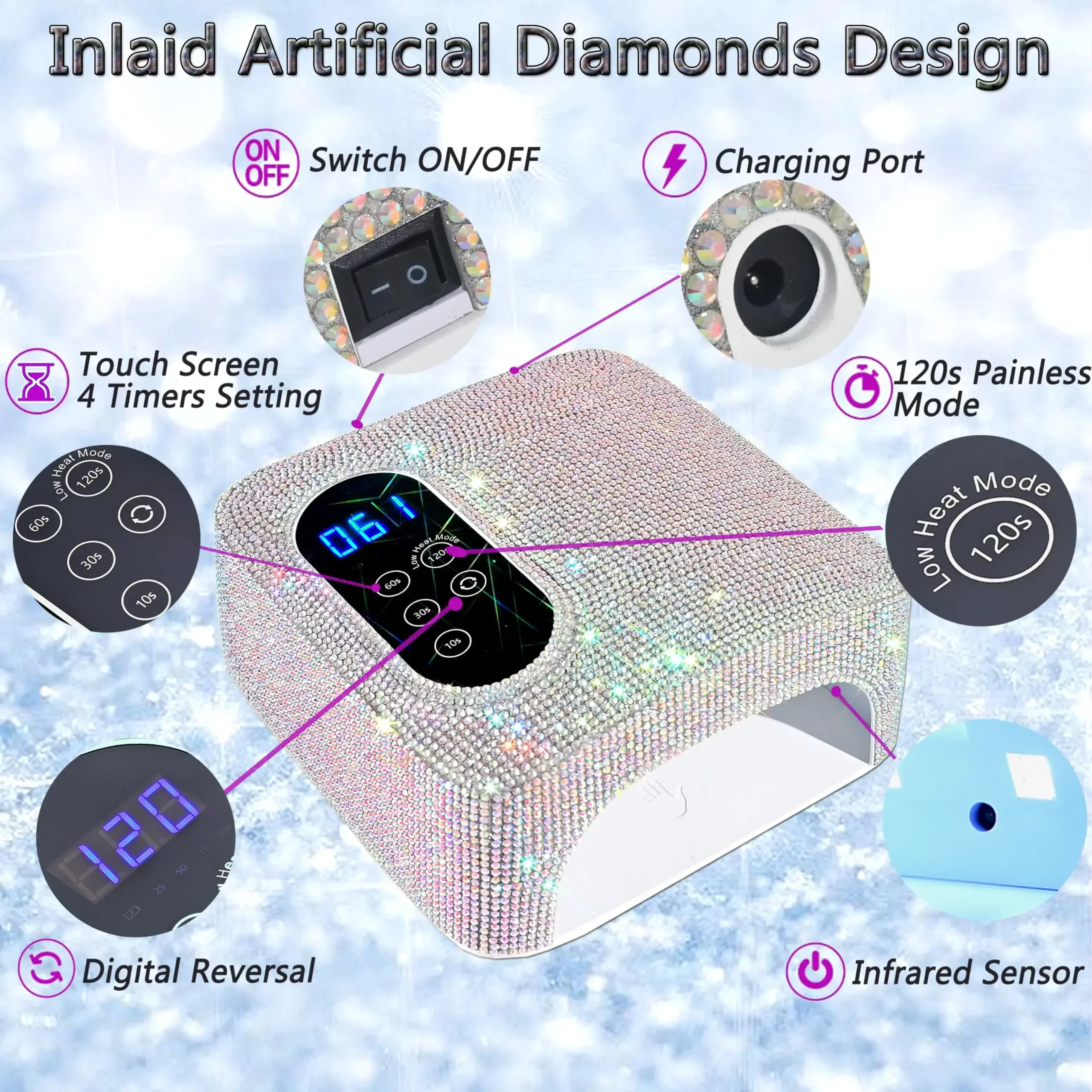 충전식 UV LED 네일 램프, 무선 네일 드라이어, 크리스탈 포함, 전문 UV 캐빈, 젤 네일 드라이어, 매니큐어 살롱 사용, 72W