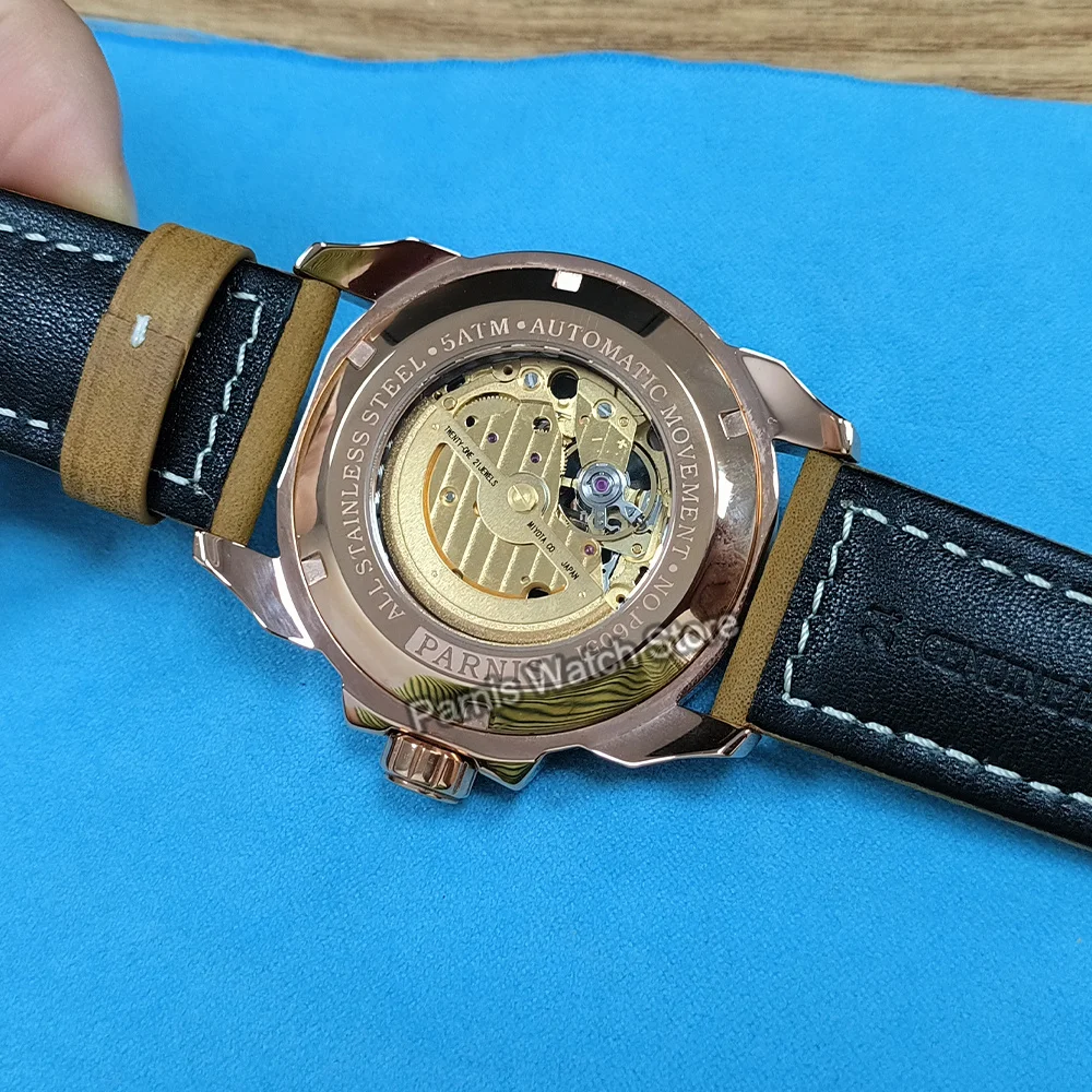 Parnis 44 مللي متر الهيكل العظمي الرجال اليابان 82S5 حركة ساعة ميكانيكية العسكرية الطيار ساعة PVD الأسود ارتفع الذهب حالة حزام من الجلد