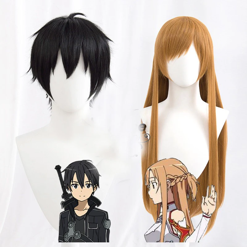 Anime espada arte em linha peruca cosplay kirito yuuki anime cos sao kirito cabelo preto yuuki cos peruca de fibra de resistência ao calor