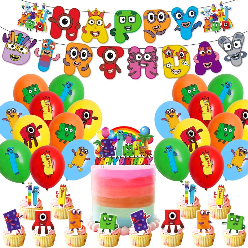 Number Building Blocks Theme Birthday Party Decoration Building Block Banner Cake Topper Banner for Kids Baby Shower Supplies