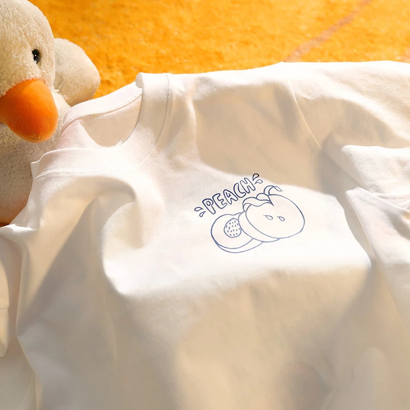 الحلو الخوخ المطبوعة الملابس النسائية الصيفية الأصلية عارضة أعلى تنفس مريحة جولة الرقبة رواية قصيرة الأكمام تي شيرت #2