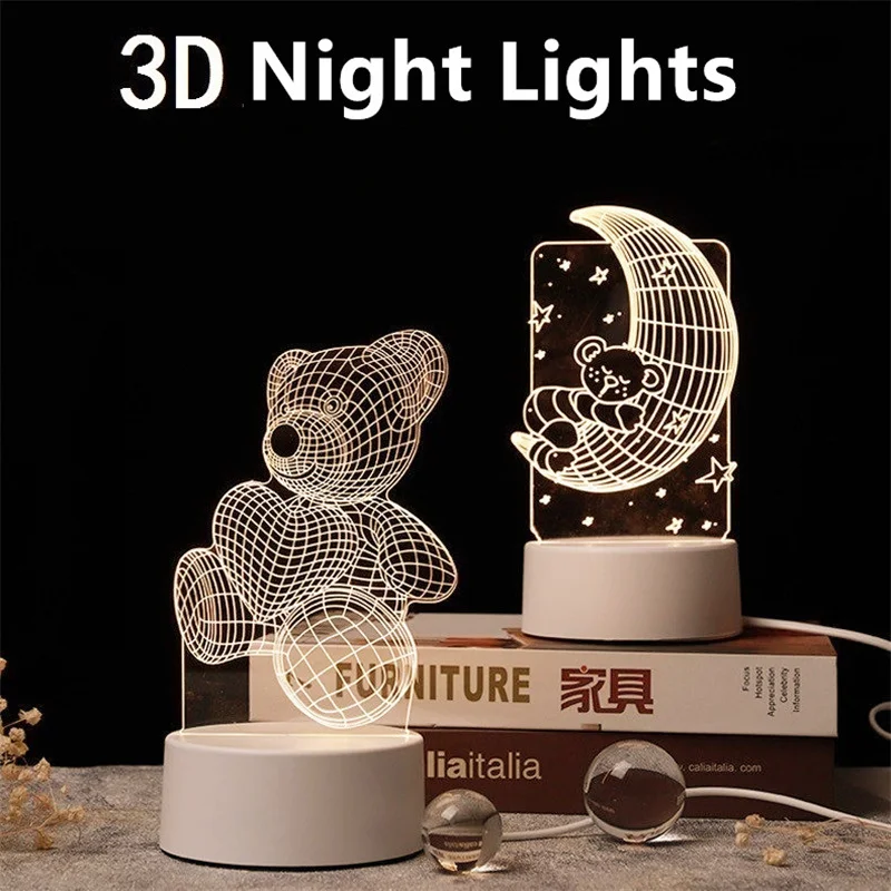 3D Acrylic LED Night Lamp USB Operated - Bedside Decor Light Perfect for Birthday Valentine's Day Presents