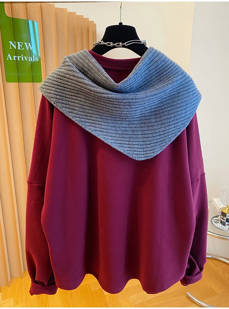 루즈핏 플러스 사이즈 블루 페이스 스웨트셔츠 여성 가을 패션 어깨 드러나는 루즈핏 브루드 탑 한국 버전