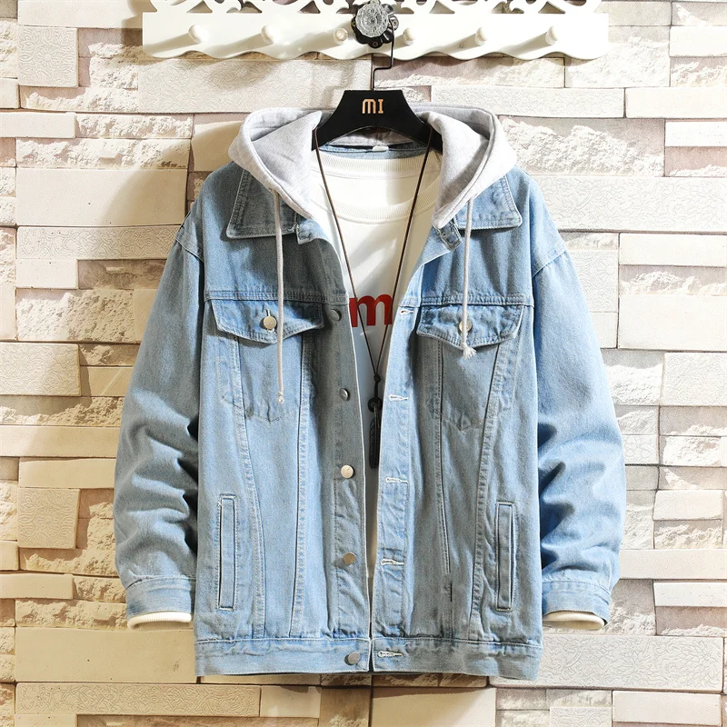 2023 New Men\'s Denim Jacket Cotton Loose Hooded Jean Outwear Coat Solid Denim Jacket Men Casual Couple Streetwear 5XL