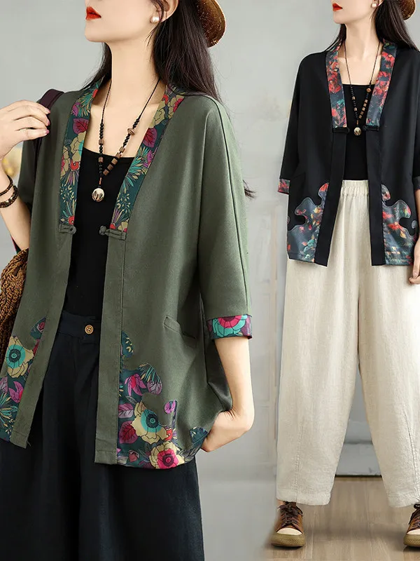 

Retro Style Loose Fit Open Cardigan Shirt Patchwork Print Versatile Button Cuff mid Sleeve Top Women's plus Size Summer Shirt