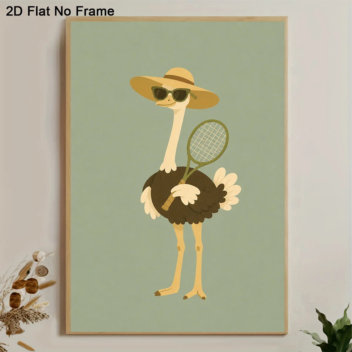 2D Flat, 1pc Funny Ostrich Wearing Hat & Fashion Glasses Playing Tennis Poster - Modern Frameless Canvas Wall Art Suitable fo