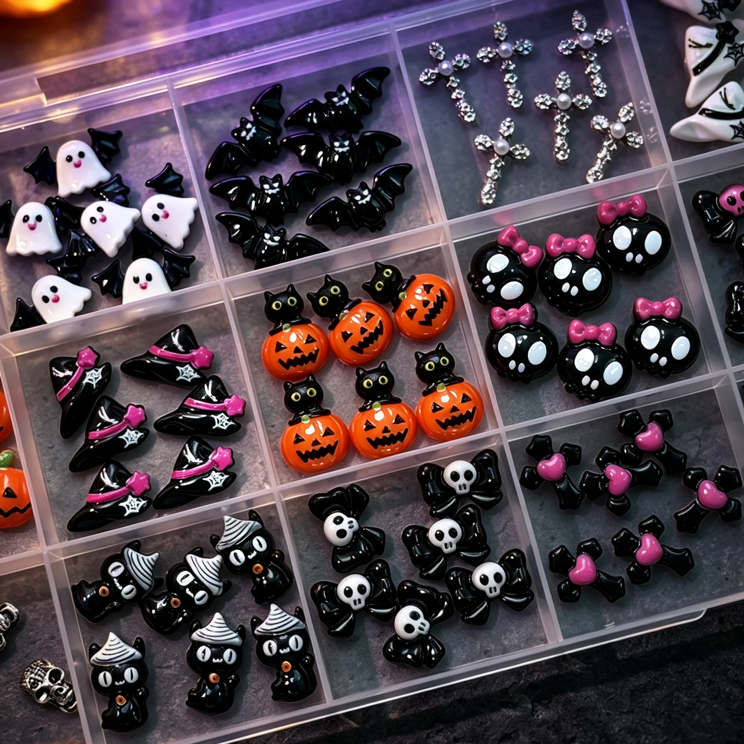 15Grid 3D Niedliche Halloween-Kürbis/Schädel/Geist/Kreuz Nagelsteine Schwarze Katze Schleife Fledermaus Nagel-Charms Harz Flache Rückseite Halloween Nageldekoration – Detail 4