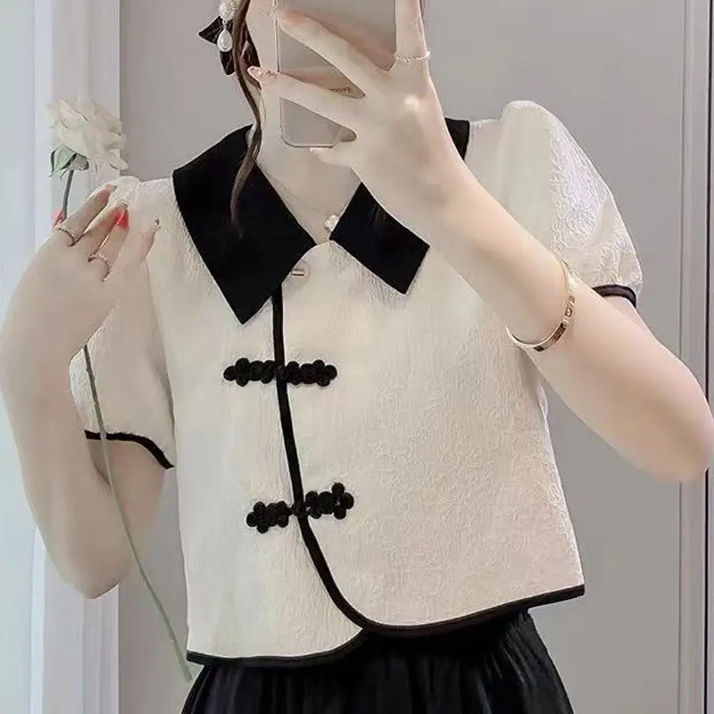 Chinese Disc Buckle Vintage Shirt Asymmetrical Women's Clothing Turn-down Collar Summer Basic Short Sleeve Jacquard Weave Blouse