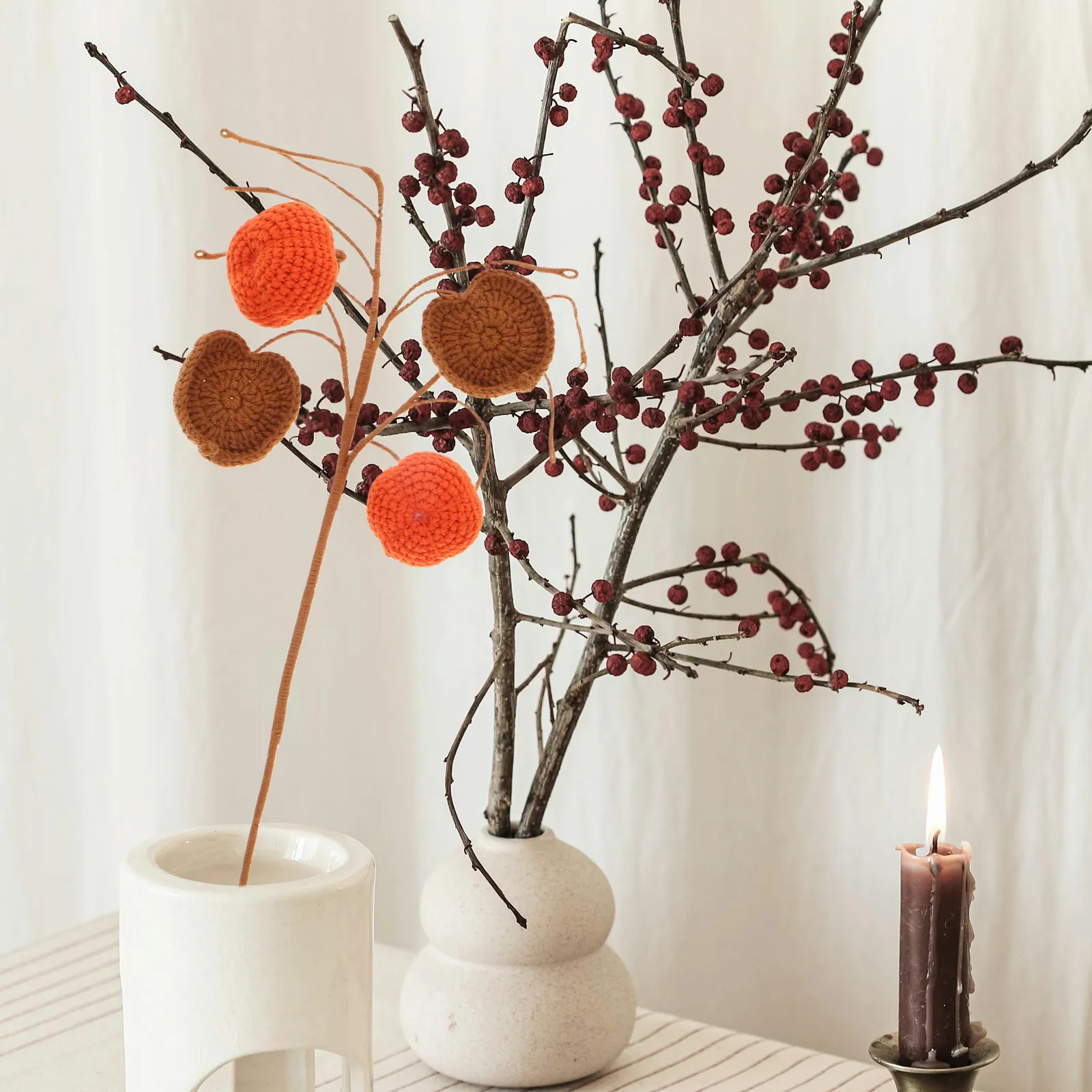 Handmade Crochet Persimmon Flower Bouquet Knitted Fake Flowers Decorative Floral Ornament for Living Room Home Decor Graduation