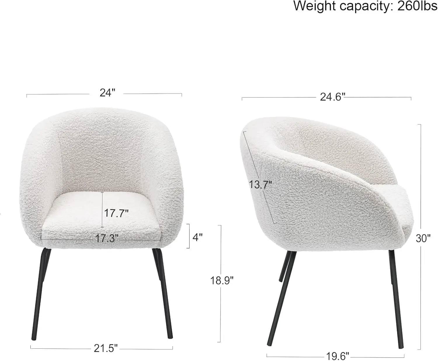 Upholstered Sherpa Dining Chair, White Chairs with Arms Set of 4, Curved Back Makeup Vanity Chair for Girls Women, Cozy Dining R