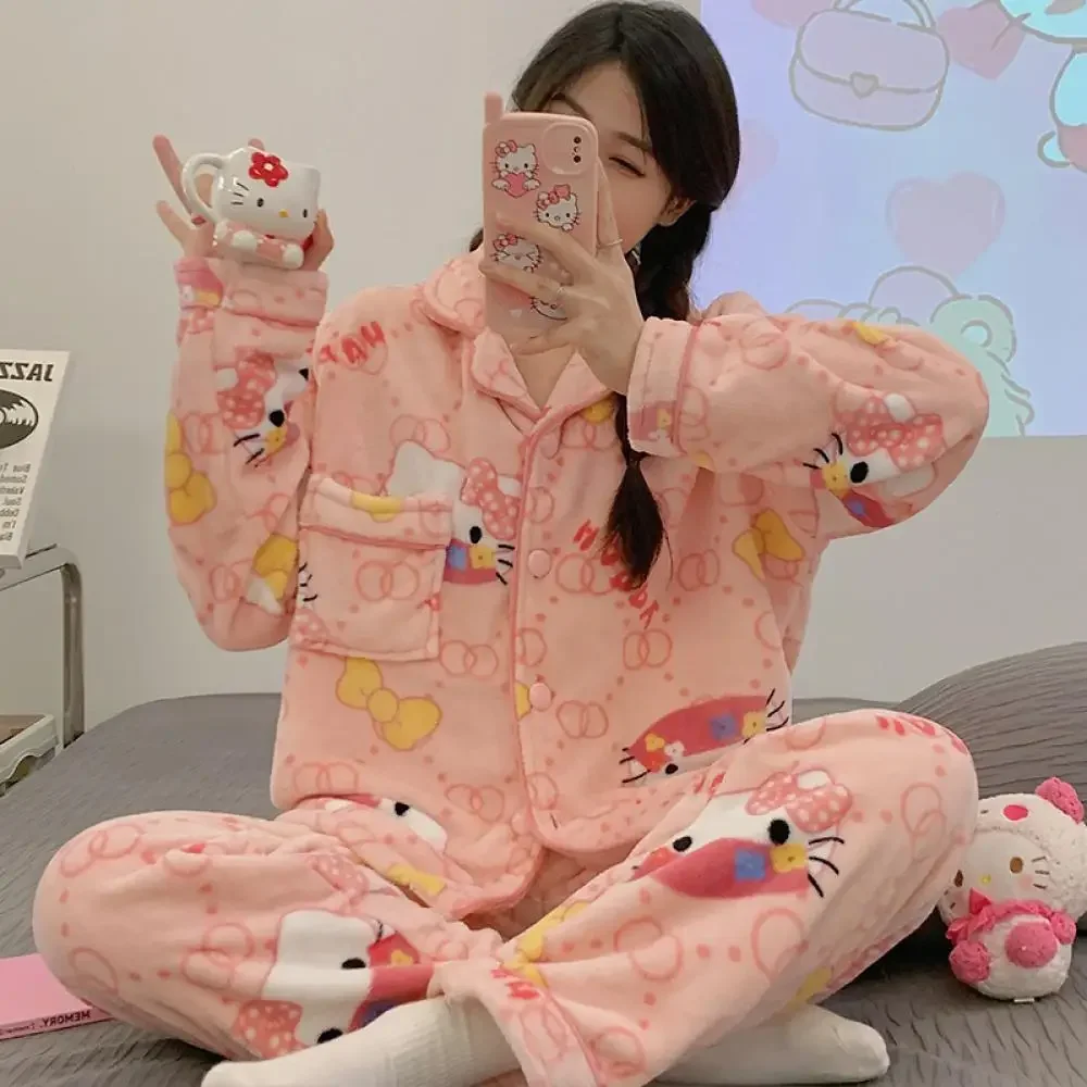 Sanrioed Kawaii Hello Kitty Kuromi Plush Pajamas Set Women Cardigan Flannel Homewear Anime Thicken Cartoon Autumn Winter Sweet