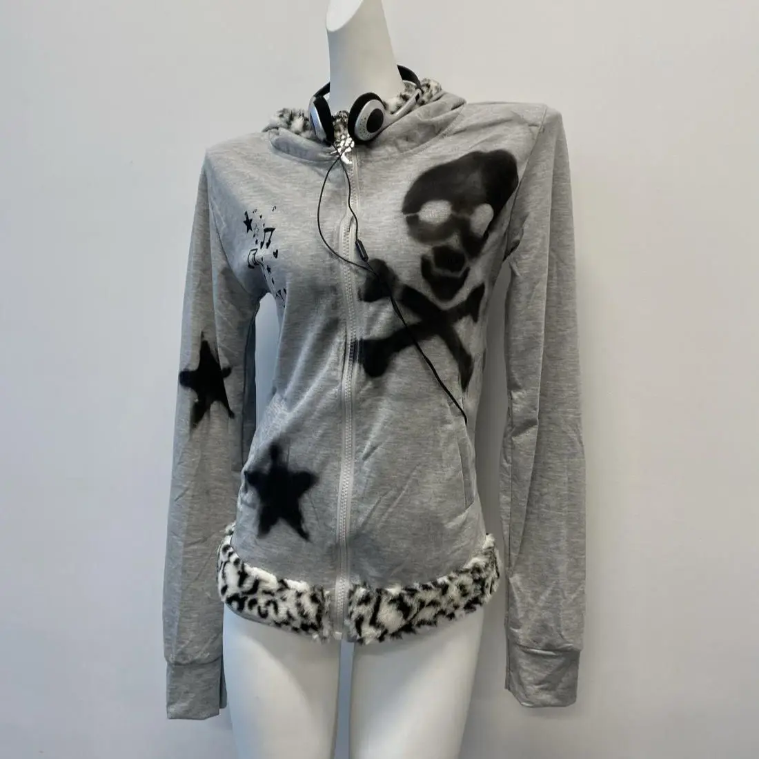 Subculture Punk Leopard Patchwork Skull Star Printed Rabbit Ears Zip Up Hoodie Autumn Hottie Streetwear Women Sweatshirt Y2k Top