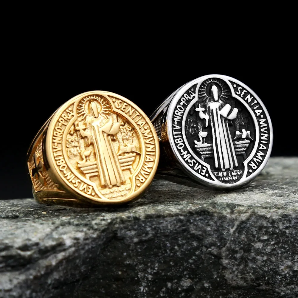Saint Benedict Medal Stainless Steel Signet Ring Vintage Catholic Religious Cross Ring Unisex Jewelry Accessories Gifts