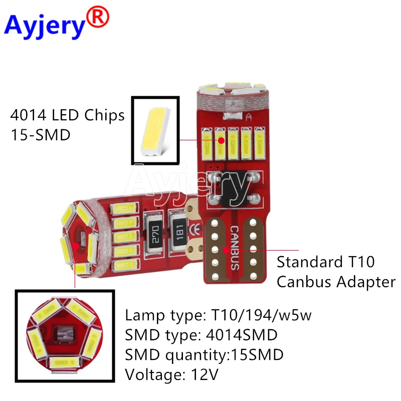 4Pcs 12V T10 W5W LED 168 194 4014 15-SMD Bulbs For Car Interior Lights Trunk/Door/Side Marker Lamp Canbus White 6500K