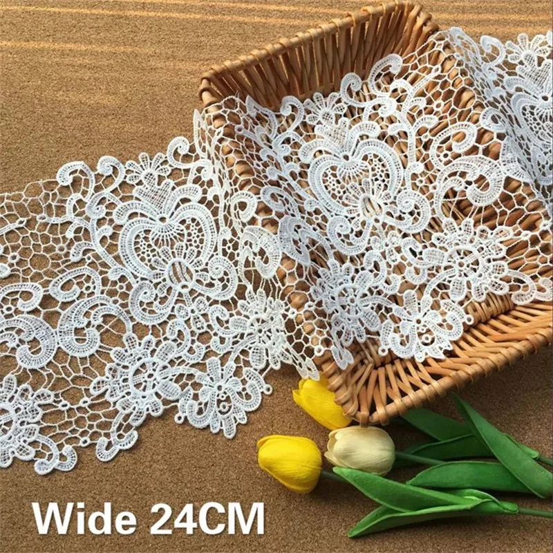 24CM Wide White Delicate Water Soluble Guipure Lace Fabric Collar Applique Embroidery Ribbon Curtain Dress Trim Decor Diy Sewing