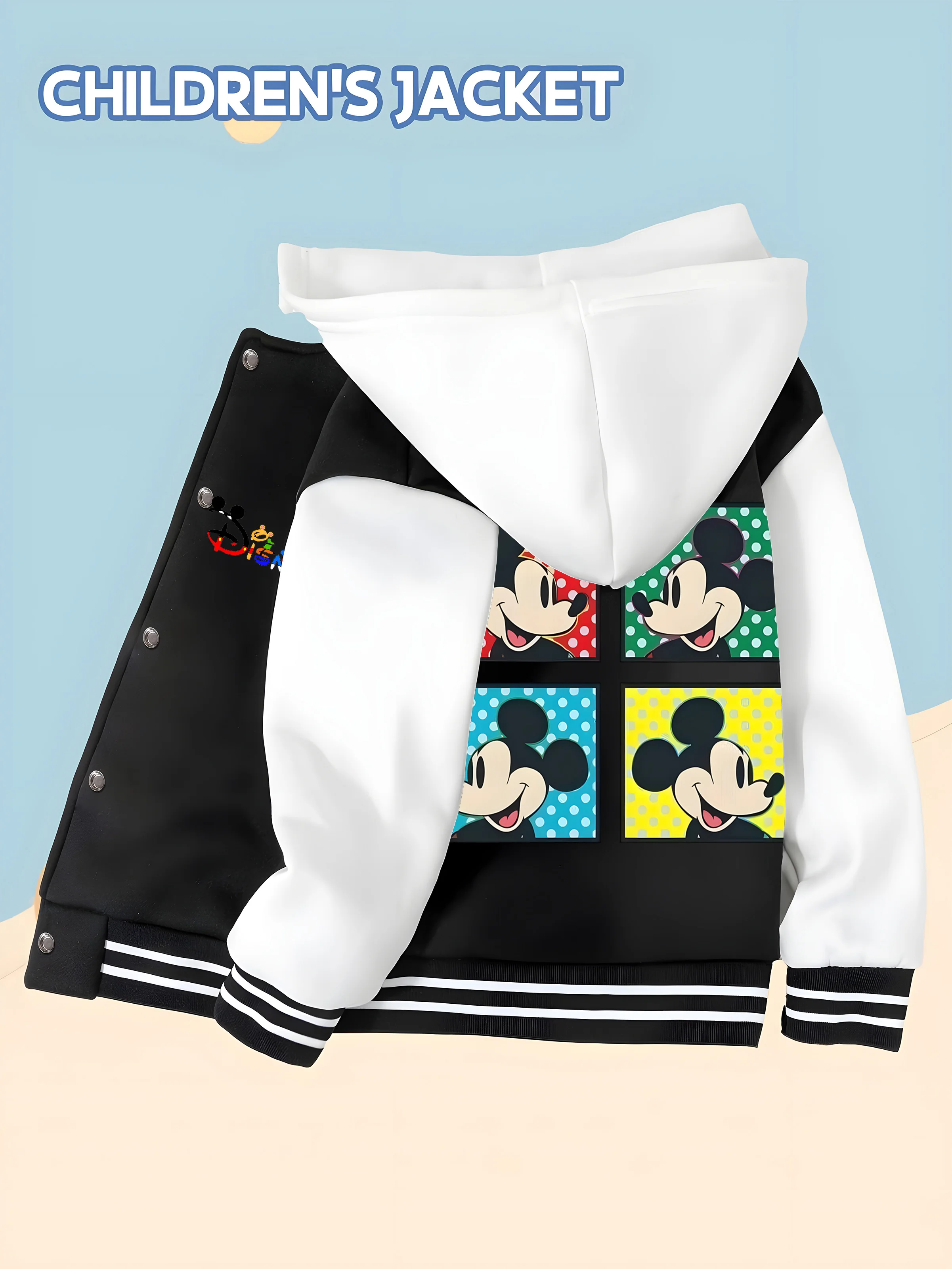 

MINISO Disney Mickey Pop Style Boys' Baseball Jacket - Colorful Polka Dot Print Double-Sided Design Trendy, Soft and Versatile