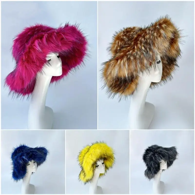 39bd Ladies Plush Faux Furs Thiết kế ngư dân Mũ rộng vành mũ giữ mũ ấm