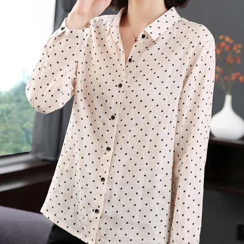 Female Clothing Polka Dot Printed Blouse Commute Long Sleeve Korean Single-breasted 2023 Spring Autumn Polo-Neck Straight Shirt