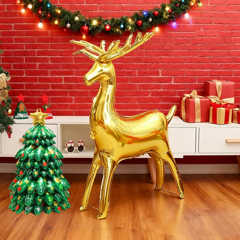 

Oversized Christmas Tree Balloon 3D Standing Aluminum Foil Decor with Elk Design for Home Party Garden Decoration Photo Backdrop