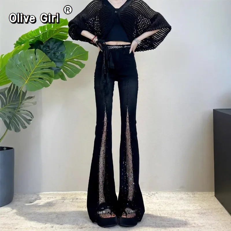 Olivegirl Denim jean bleu dentelle Patchwork Micro jean évasé femmes pantalon été strass mince taille haute pantalon évasé
