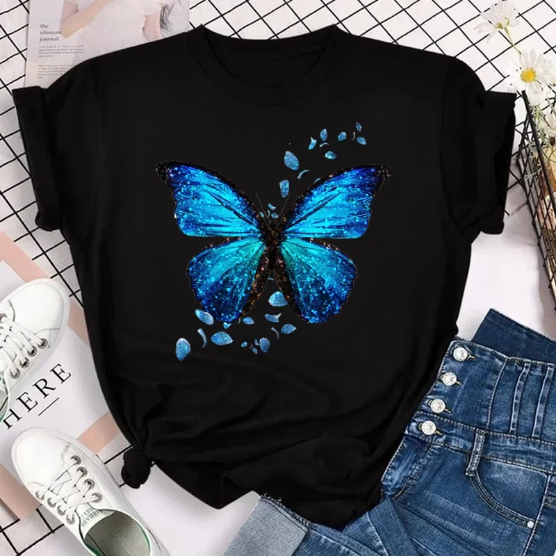 Maycaur New Colorful Butterfly Print Short Sleeve T Shirt Fashion Women T-shirt Cartoon Graphic Tee Shirts Female Tops Clothing