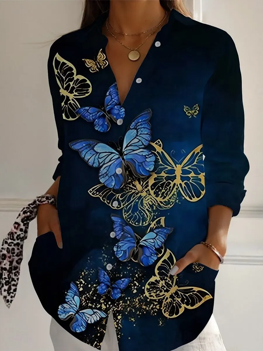 

Women's Shirt Spring Autumn Floral Butterfly Active Daily Stylish Long Sleeve Shirt Buttons Printed Tops Ladies Office Blouses