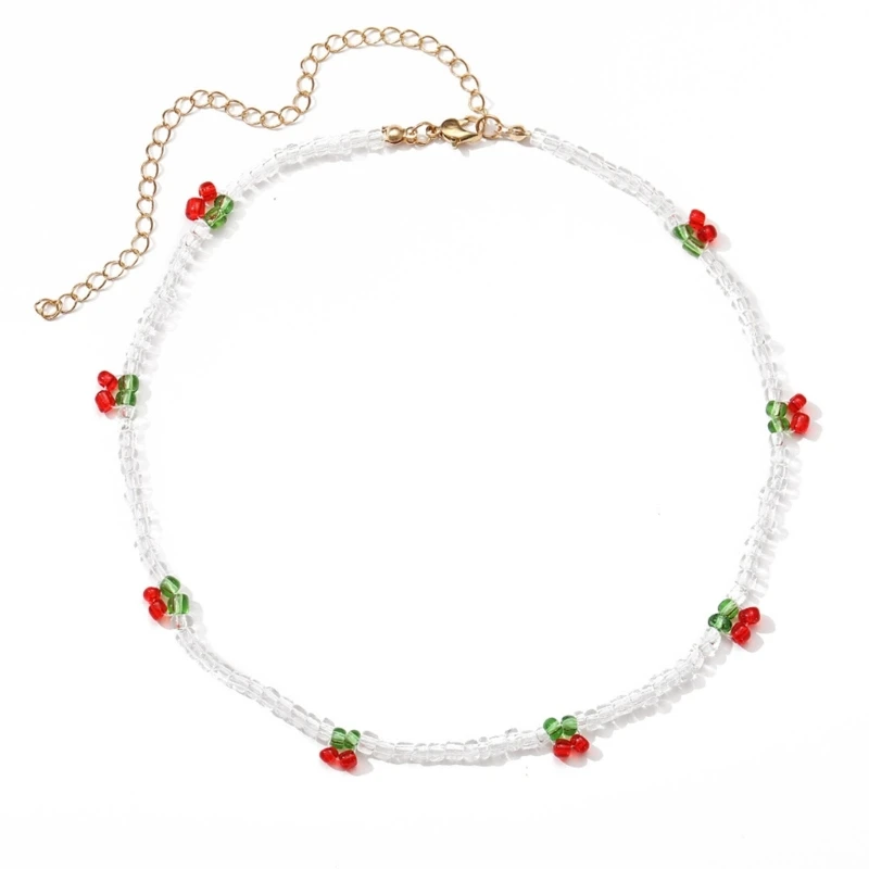 Böhmische Perlen-Halskette mit roten Kirschen für Frauen, niedliche handgemachte Früchte, Samenperlen, transparente Halsketten, Boho-Schmuck – Detail 5