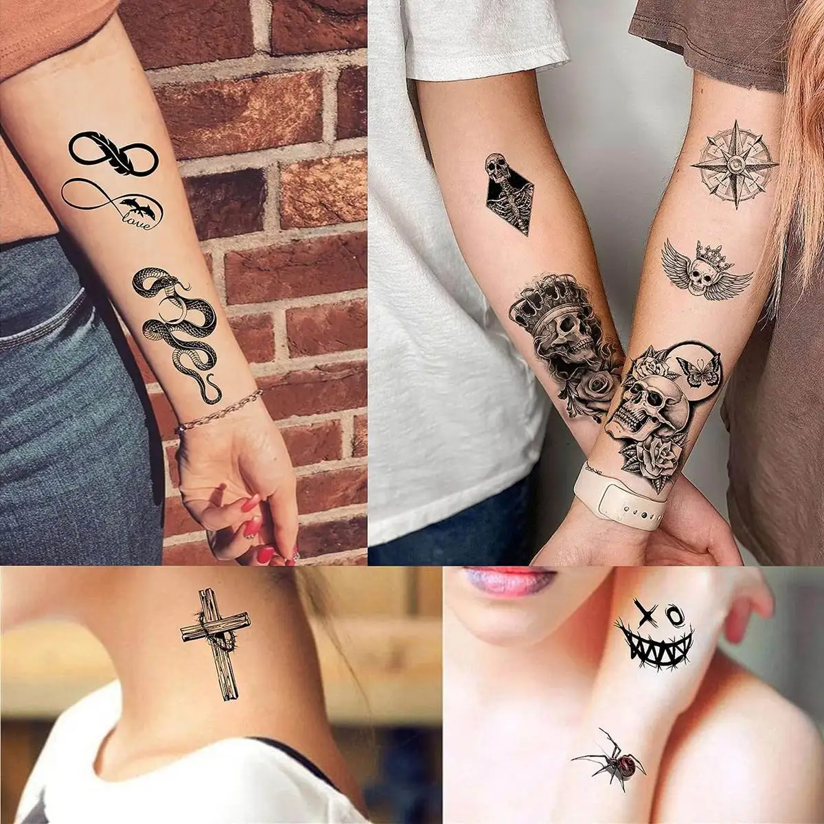 48 Sheets Small Temporary Tattoos For Women Men Neck Arm Tiny Tattoo Sticker Fake Cross Snake Tiger Lion Ghost Tatoos 3D Anchor