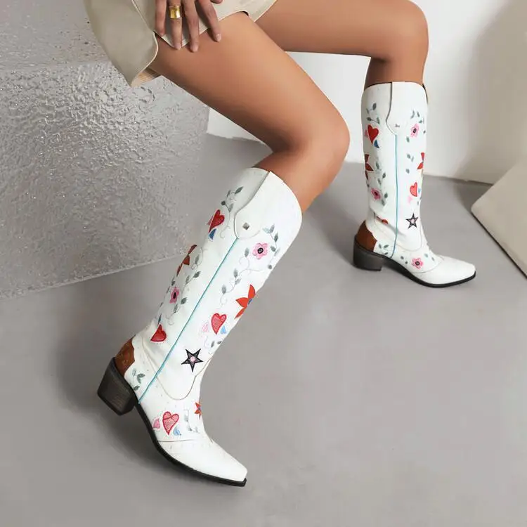 IPPEUM White Cowboy Boots For Women Leather Embroider Country Western Fashion Woman Chunky Heels Shoes Knee High Cowgirls Boots