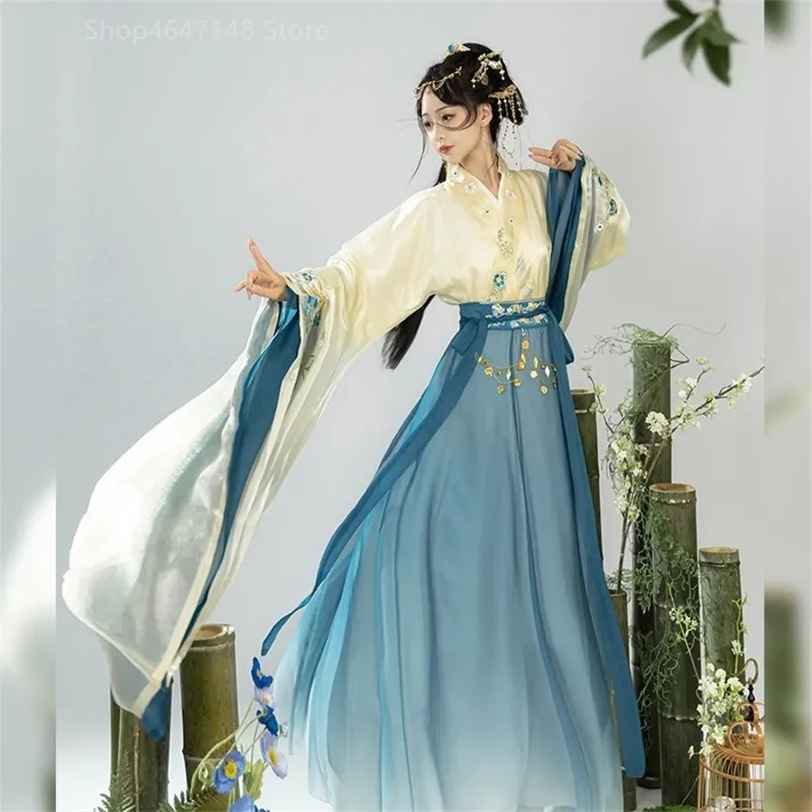 ชุด Hanfu ชุดฮั่นฝูของผู้หญิงจีนโบราณเครื่องแต่งกายชุดคอสเพลย์ผู้หญิงนางฟ้าชุดชุดเดรสเต้นรำพื้นบ้าน Hanfu ทุกวัน