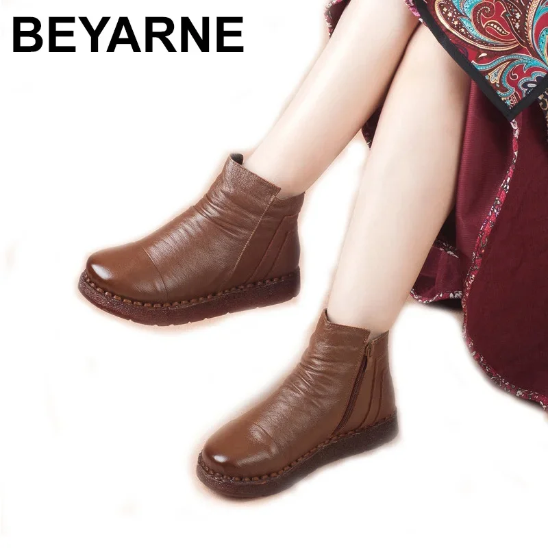 BEYARNE Women\'s Winter Snow Boots Genuine Leather Vintage Mother Boot Ankle Boots For Women Fur Casual Woman Shoes Non-slip Boot