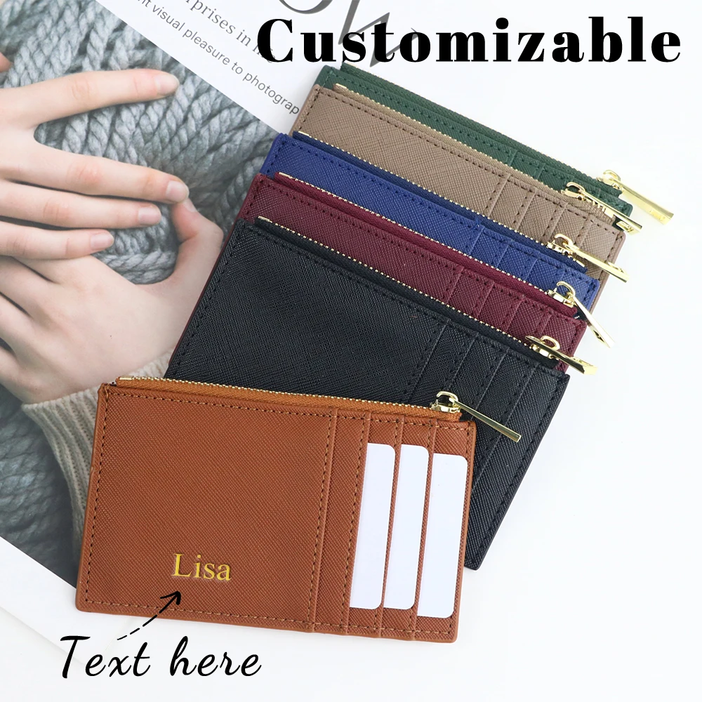 Customized Letter for Ladies, Safiano PU Leather Zipper Card Holder, Women's Small Zipper Mini Wallet, Coin Wallet