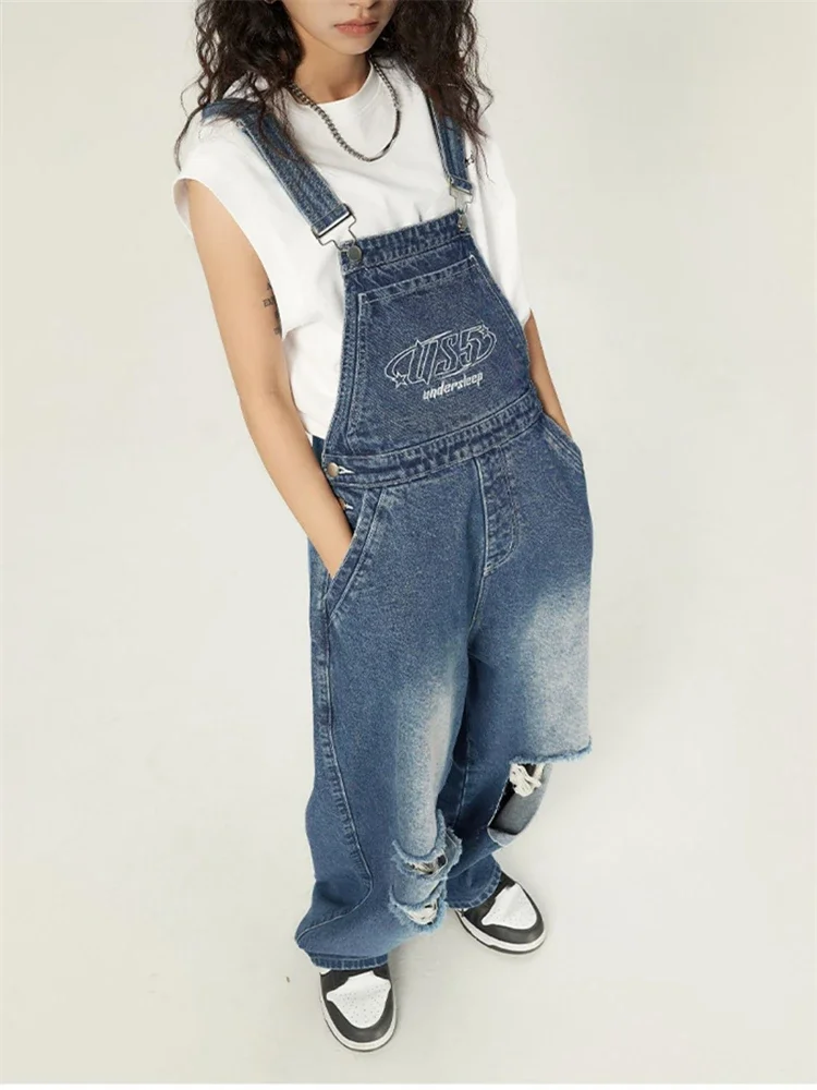 Women's Vintage Blue Hole Overalls Casual Streetwear Fashion Sweet Girl Wide Leg Pants Female Baggy Rompers Straight Trouser