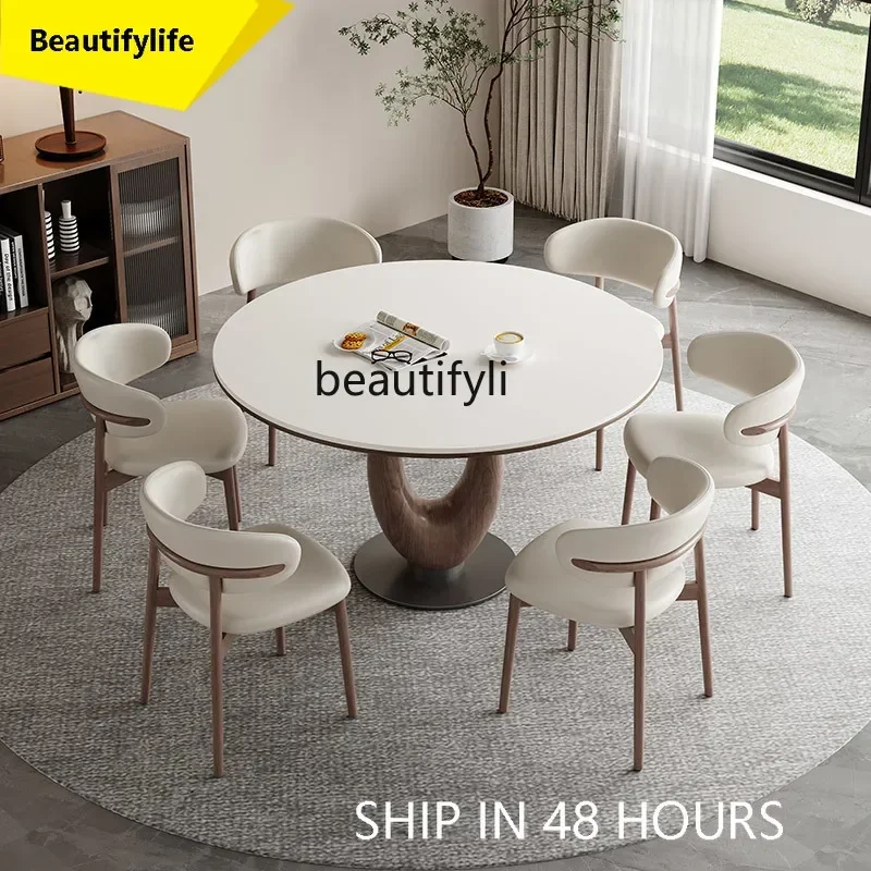 37   Walnut solid wood rock slab retro wind round dining table home living room dining table and chair combination