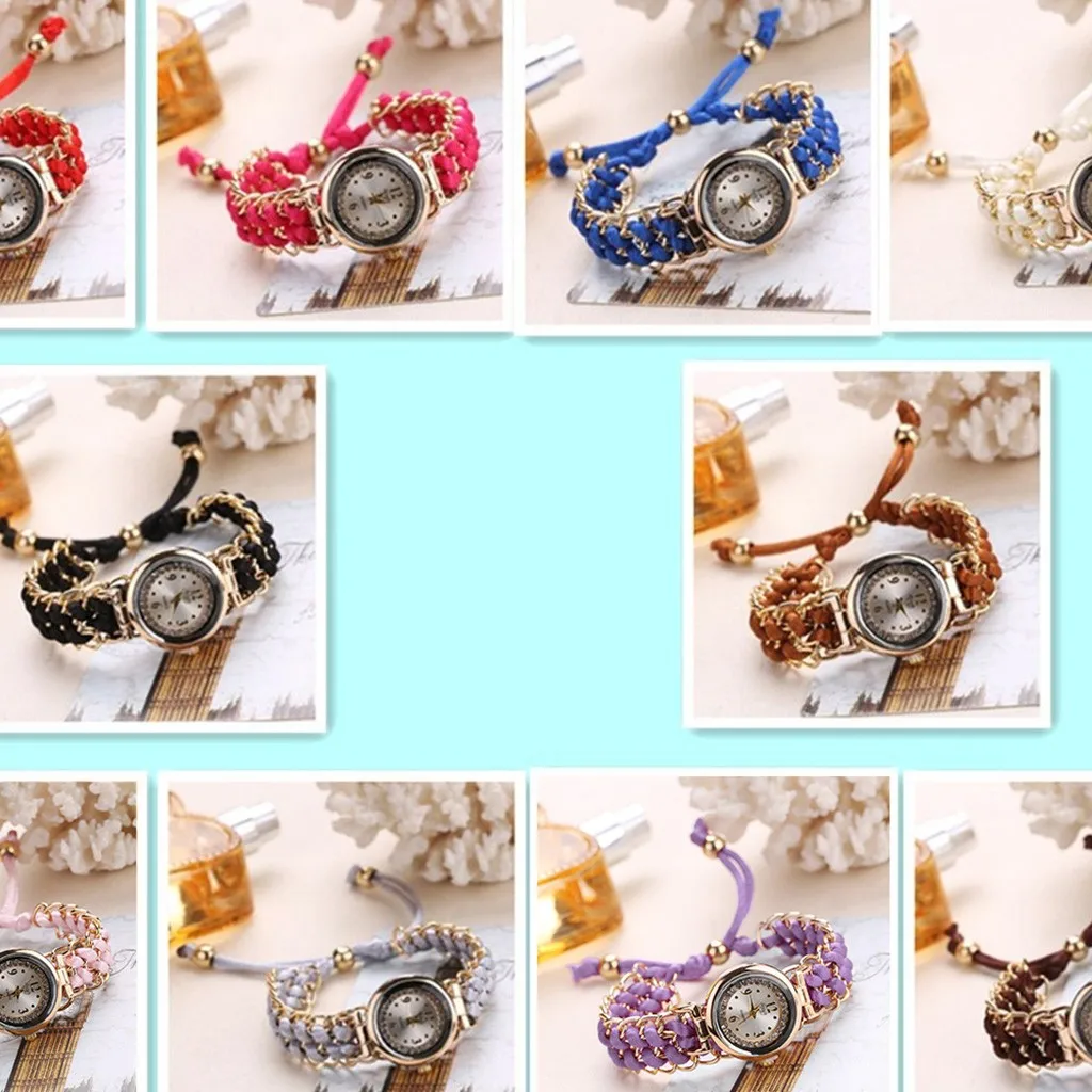 Watches For Women Pink Brown Knitting Rope Chain Winding Watch Analog Quartz Movement Mini Round Retro Wrist Watch