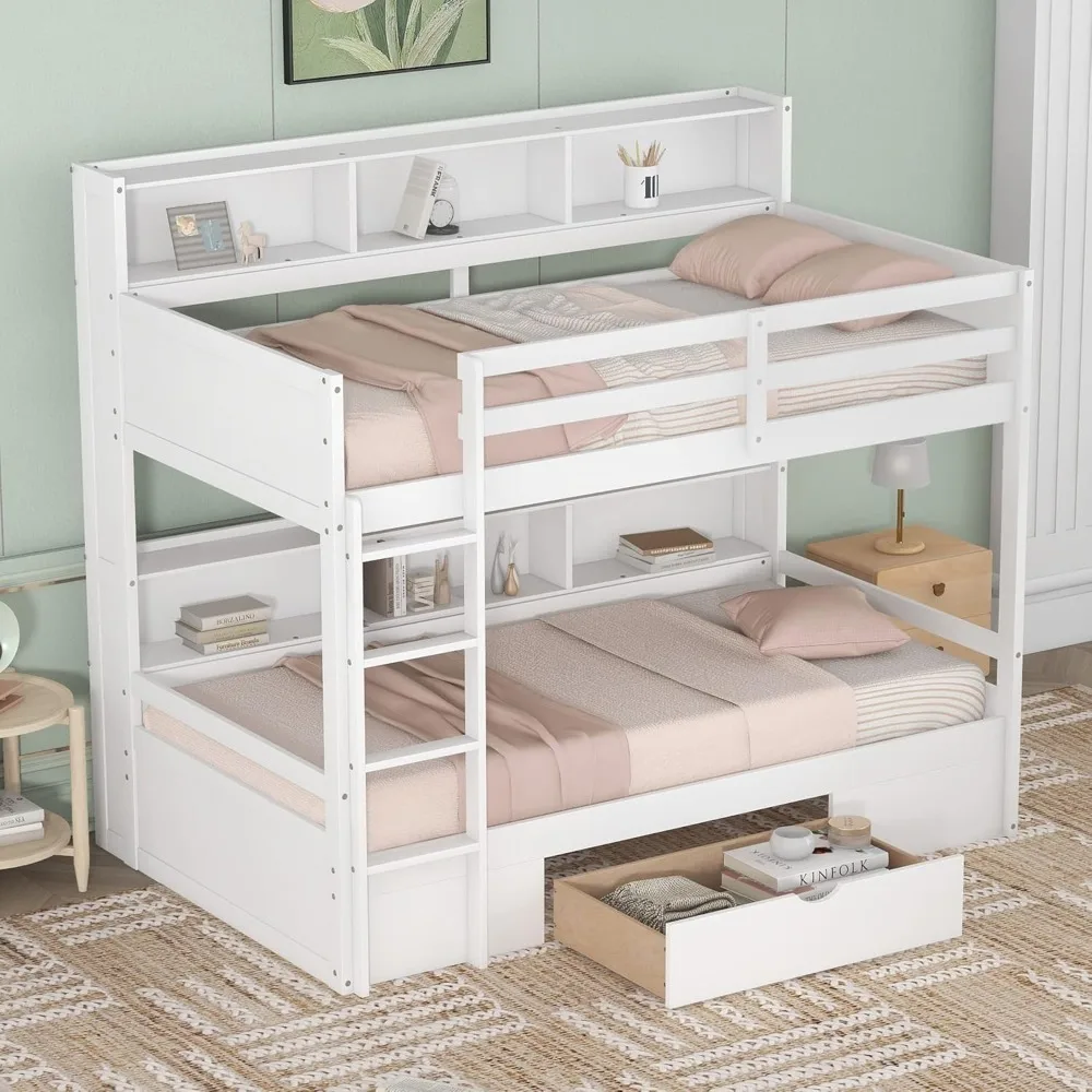 Designs White Twin Over Twin Bunk Bed with Storage, Wooden Kids Bunk Bed with Built-in Storage Shelves and Drawer, Kids Bunk