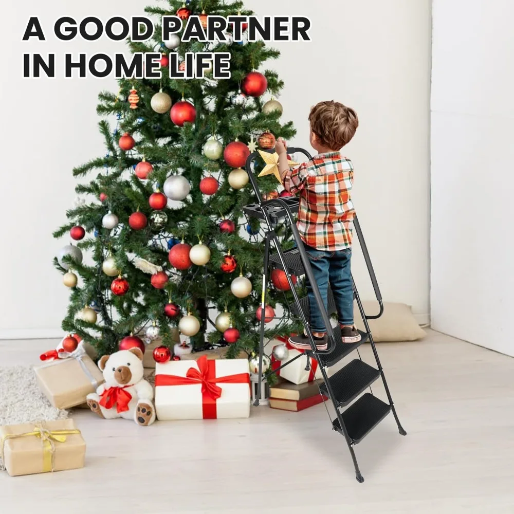 سلم فولاذي محمول قابل للطي مع درابزين وصينية، سعة 330 رطل لاستخدام المطبخ