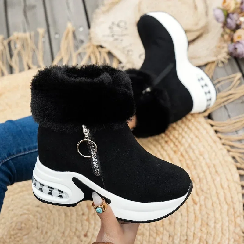 Ankle Boot for Women Warm Fuzzing Plush Winter Snow Boots Retro Zipper Woman Internal Increasing Keep Outdoor Smooth Botas Mujer