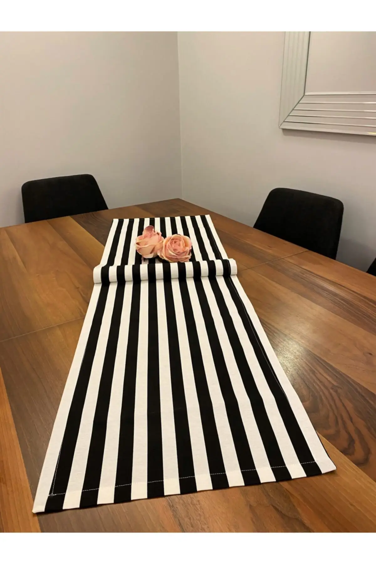 Black and White Striped Rectangle Runner Tablecloth. Kitchen, Table Accessory, Plate Base, Dining Room