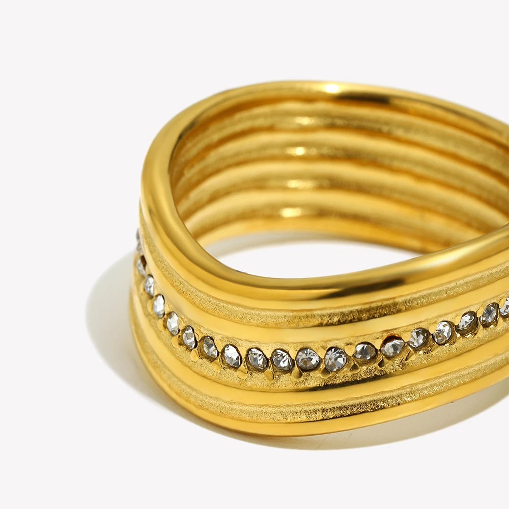 E.B.belle 18K Gold Plated Multipile Layers Twisted Rhinestone Ring Stainless Steel Vintage Style Party Wedding Birthday Jewelry